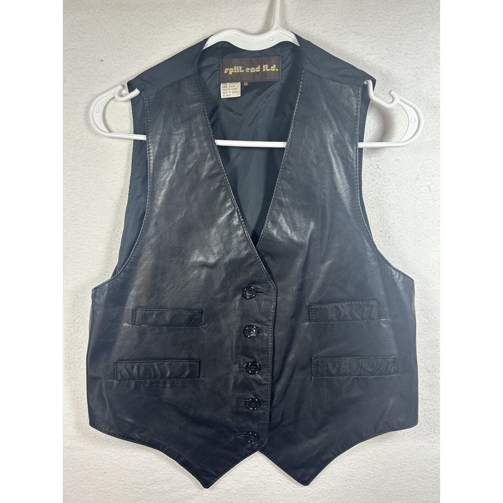 SPLIT END ltd unisex leather vest VINTAGE black size medium back tie buttons - Picture 2 of 7